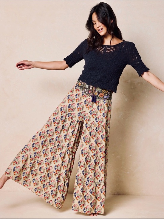 NATURAL LIFE Pants - NATURAL LIFE Tie Front Palazzo Wide-Leg Pants in Cream•  Ditsy Diamond XL